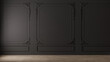 Black wall with classic style mouldings and wooden floor, empty room interior, 3d render 