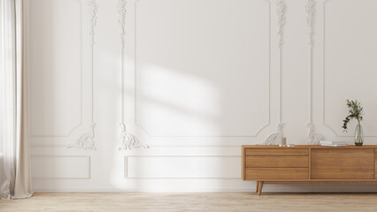 White wall with classic style mouldings and wooden floor, wooden dresser and sunlight on wall, 3d render 