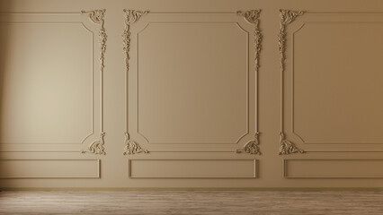 Wall Mural - beige wall with classic style mouldings and wooden floor, empty room interior, 3d render