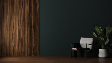 Wall Mural - black wall with wooden panel in room with armchair and plant in pot, wooden floor, 3d rendering