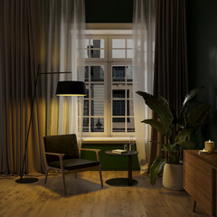 Wall Mural - modern living room interior at night with lamp light, chair with coffee table and floor lamp, big pl