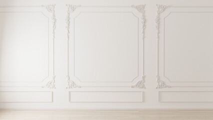 Wall Mural - white wall with classic style mouldings and wooden floor, empty room interior, 3d render