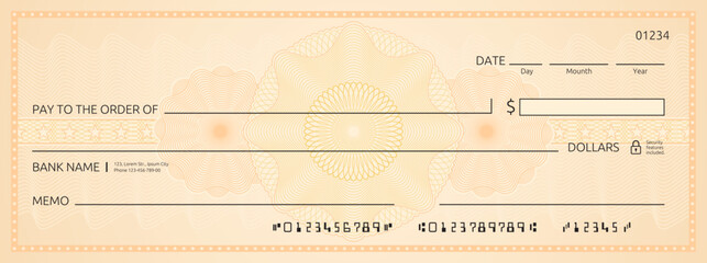 Wall Mural - blank bank check, checkbook cheque template with guilloche. business investment banking document, ac