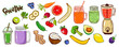 Healthy smoothie sticker set banner.  Useful  food stickers for printing, hand drawing. Ingredients for smoothie berries, citrus, banana, cucumber, greens, citrus