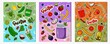 Healthy smoothie food set of three sticker illustrations. Smoothie orange, smoothie berry, smoothie green stikers, hand drawn.
