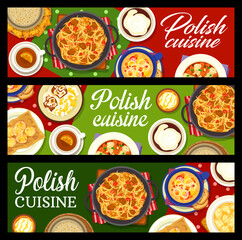 Sticker - Polish cuisine banners. Tea, sauerkraut meat stew Bigos and sugar donut Paczki, carp fish braised with vegetables, beer and sausage soup, roast lamb, stuffed dumplings and pumpkin starch drink Kissel