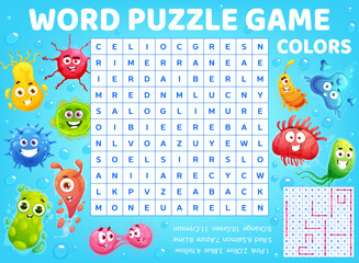 Poster - Cartoon viruses, microbes and germs, word search puzzle game worksheet, vector kids quiz grid. Word search game to find words with colors of viruses, bacteria and infection pathogens