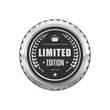 Limited edition product silver badge and quality label. Premium product quality guarantee platinum label or badge, luxury quality and authenticity certificate glossy silver metal vector icon or stamp