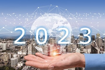 Poster - 2023 numbers. New Year concept. Globe on city background