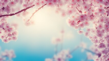  Spring banner, branches of blossoming cherry against background of blue sky and butterflies on nature outdoors, Closeup of spring blossom flower.