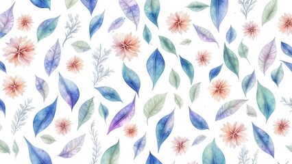  Watercolor floral pattern with green leaves. Botanic illustration isolated on white background.