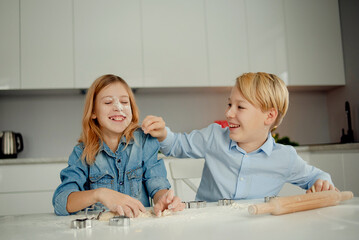 Wall Mural - Kids cooking Christmas food and fooling around