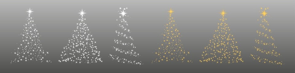 Poster - Set of shiny Christmas tree. Glittering lights in the form of a Christmas tree with bright shining. Christmas light effect. Golden glowing spruce. PNG image