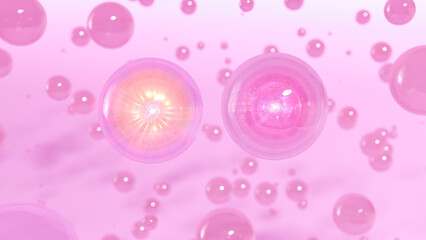 Poster - Cosmetic Bubbles of serum on a Pink background. Design for collagen bubbles. Ideas for Moisturizing Cream and Serum. Vitamin for personal care and beauty concept. a 3D rendering