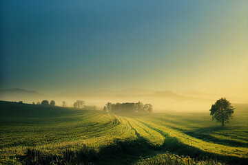 Winding Farm Road through Foggy Landscape - fields, meadow, sun during sunrise