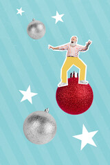 Sticker - Collage picture of overjoyed senior man wear painted yellow trousers dancing on big xmas tree sphere toy enjoy shopping isolated on blue background