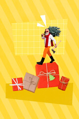 Sticker - Collage photo of confident professional lumberjack santa claus bring cut natural evergreen tree with giftboxes isolated on yellow background