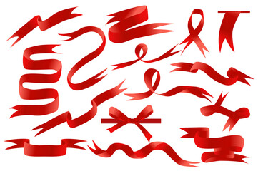Aufkleber - Red ribbons set in cartoon design. Bundle of different curled and swirled ribbons, glossy labels and silk tags, gift bows, blank price banners and other isolated flat elements. Illustration
