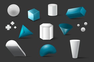 Leinwandbilder - Geometric simple shapes 3d set in realism design. Bundle of sphere, cube, cylinder, parallelepiped, pyramid, cross, truncated cone, trapezium and other isolated realistic elements. Illustration