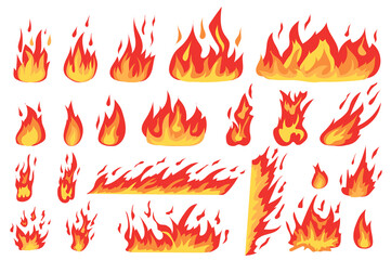 Aufkleber - Burning fires set in cartoon design. Bundle of different types of flame effects in red and orange colors, flaming fireballs, wildfire border, bonfire other isolated flat elements. Illustration