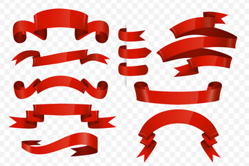 Fototapete - Red ribbons and labels set in cartoon design. Bundle of empty banners for sales and discounts, shiny satin tapes, scrolls, swirls or waves badges other isolated flat elements. Illustration