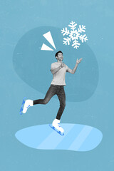 Sticker - Collage photo of young funny excited guy wear casual outfit frosty weather winter season snowing ice skating isolated on blue color background