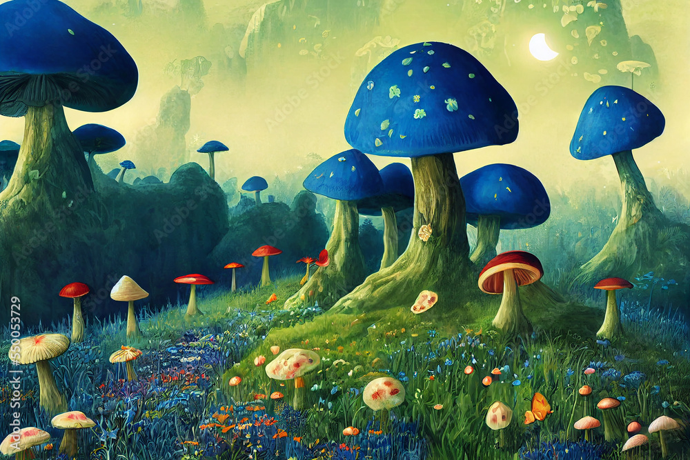 fantastic wonderland landscape with mushrooms, lilies flowers, morpho ...