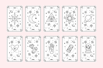 Wall Mural - Tarot cards deck set. Esoteric elements collection on white. Magic icons minimalistic symbols. Hand drawn vector illustration