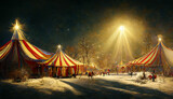Fototapeta  - golden lights over a circus at a winter christmas night, digital illustration, created with generative ai