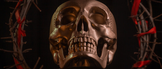 Wall Mural - Skull of a person with crown of thorns close up on a black background