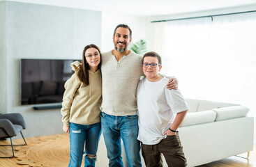 monoparental father with two childs on living room