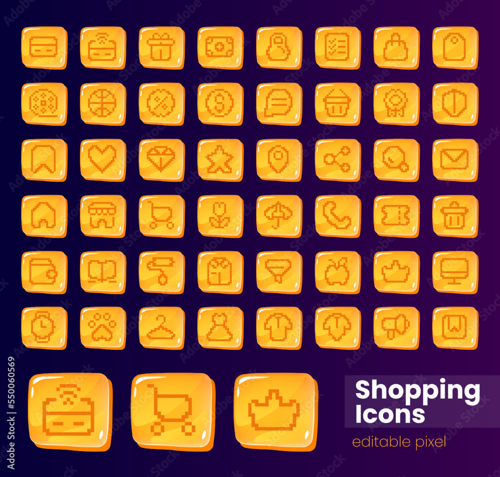 Shopping glossy ui button with pixelated icon big set. Editable 8bit ...