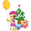 A child with Christmas trees, gifts, and balloons
