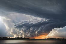 Huge Storm Cloud Approaching The Ocean From The Perspective Of The Sea, Generative Ai