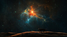 Space Background. Cat Silhouette Walking On Hill With Colorful Fractal Blue And Orange Nebula And Star Field. 3D Rendering