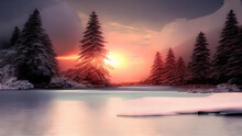 Winter Landscape Frozen Water In The Cove, Pine Trees Sunset, Background Illustration Digital Matte Painting