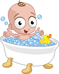 Wall Mural - Cute Cartoon Baby In Bath Tub With Rubber Ducky