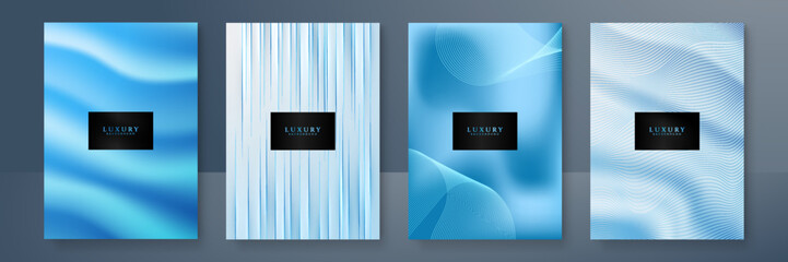 Modern cover design set. Blue white abstract line pattern (wave curves). Creative wavy stripe vector collection layout for business background, certificate, brochure template