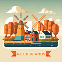 Amsterdam Netherlands Travel Destination Landmark Vector Flat Illustration