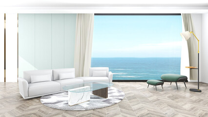 Poster - Luxury beach and Modern living sea view hotel and resort - Wooden floor background - 3D rendering