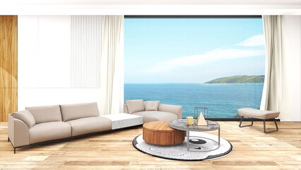 Poster - Luxury beach and Modern living of a simple relaxation area in beautiful sea view - Wooden floor background - 3D rendering