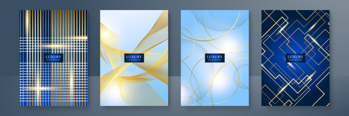 Abstract luxury blue gold line metallic direction luxury overlap design modern futuristic background vector illustration. Designed for cover, brochure, flyer, booklet, banner, poster, card, invitation