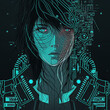 Cyberpunk Girl with Aqua Computer Schematics Behind Her and on Her Face.[Digital Art Anime Drawing, Sci-Fi Fantasy Horror Background, Graphic Novel, Postcard, or Product Image]