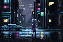 Pixel Rain. Pixelart Scene Of A Women With An Umbrella In A Rainy Cyberpunk Cityscape. [Digital PixelArt Illustration, Sci-Fi Fantasy Horror Background, Graphic Novel, Postcard, Or Product Image]