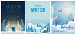 Set of abstract winter backgrounds for social media stories. Colorful winter banners with falling snowflakes, snowy trees. Wintry scenes . Use for event invitation, discount voucher, ad.