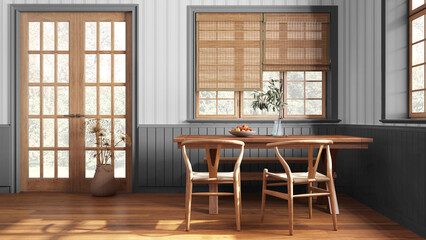 Farmhouse hallway with dining room in white and gray tones. Wooden table with bench and chairs. Vintage interior design