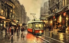 Old Tram In The City.  Night View Of The City. Oil Paintings Landscape, Night View Of The City Of The City. Artwork, Fine Art, People Walking On The Street At Night
