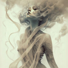 Beautiful Swirling Smoky Magic Spirit Woman, Isolated On A White Background. [Digital Art Painting, Sci-Fi Fantasy Horror Background, Graphic Novel, Postcard, Or Product Image]