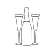 One line champagne toast. Continuous linear couple wine glasses with botle . Wedding party cheers. Minimalist new year celebration vector concept