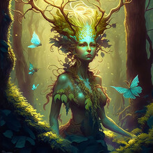 Ethereal Forest Nymph In A Magical Glade Full Of Iridescent Blue Butterflies.  [Digital Art Painting, Sci-Fi Fantasy Horror Background, Graphic Novel, Postcard, Or Product Image]